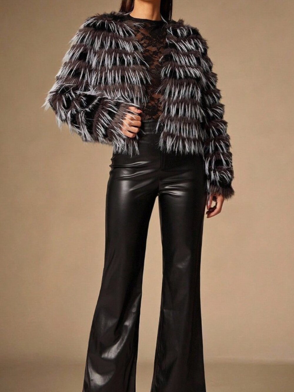 Black Party Women's Faux Fur Contrast Long-Sleeved Short Designer Coat